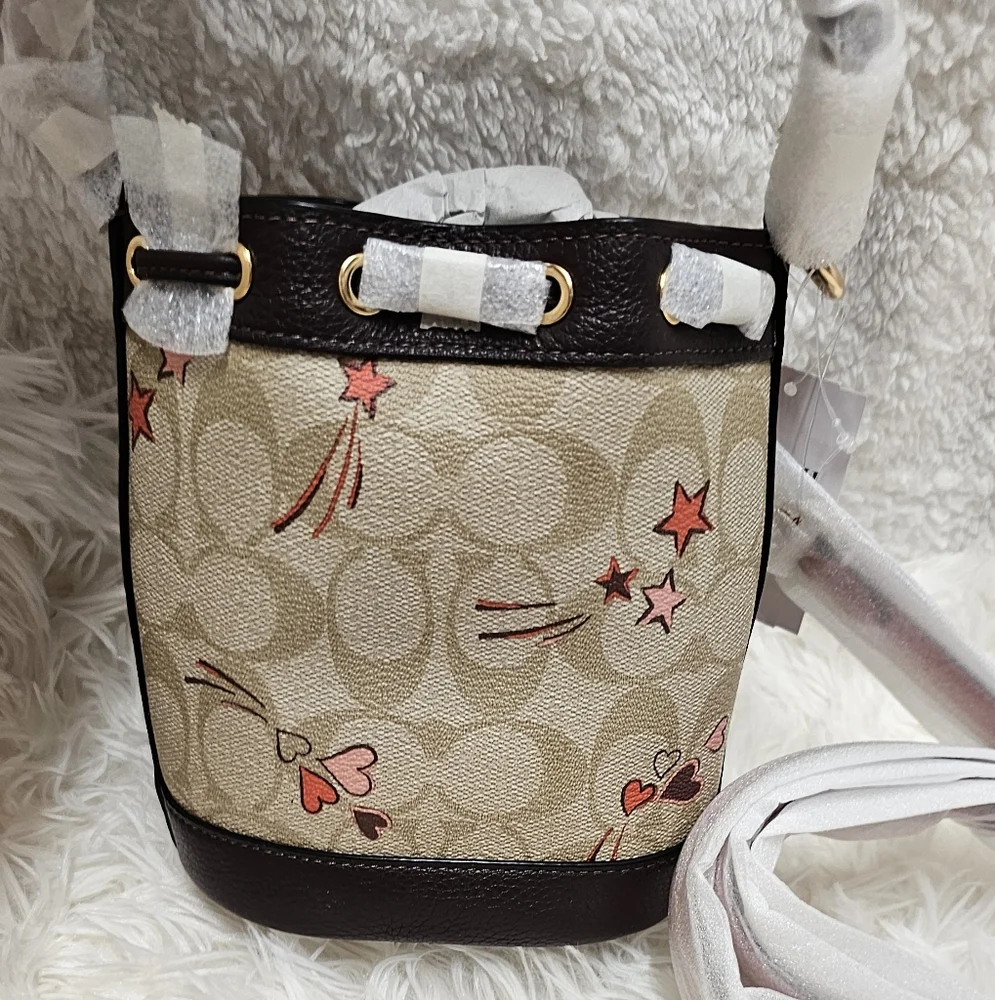 COACH Bags Mini Dempsey Bucket Bag in Signature Canvas with Heart And Star Print - Picture 10 of 11